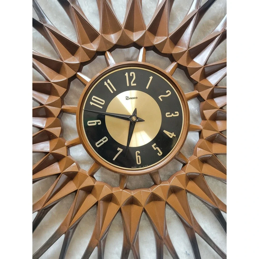 Vtg 1963 Syroco Sunburst Wall Clock Mid Century Modern Brown Starburst Atomic